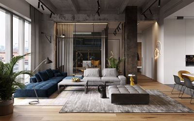 elegant lägenhetsdesign, modern inredning, vardagsrum, loftstil, skåp bakom glas, svarta betongväggar, vardagsrumsidé, loftstilsinredning