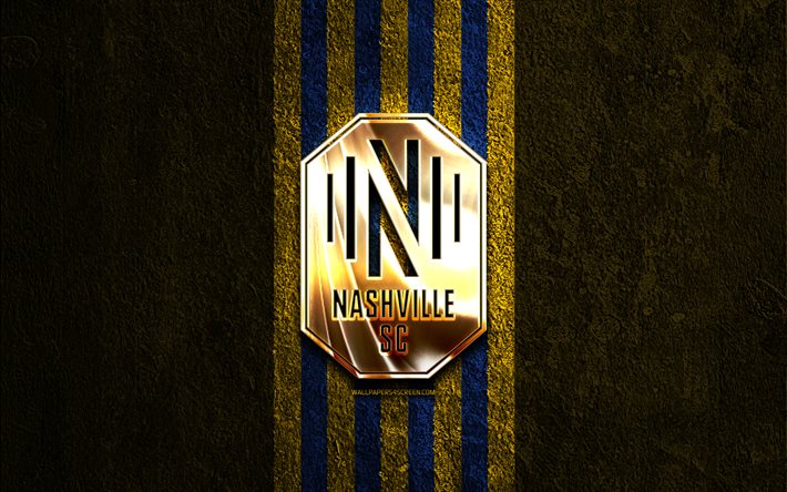 شعار نادي ناشفيل الذهبي, 4k, الحجر الأصفر الخلفية, mls, نادي كرة القدم الأمريكي, شعار ناشفيل إس سي, كرة القدم, ناشفيل, ناشفيل إس سي