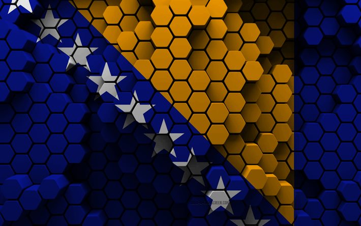 4k, bandera de bosnia y herzegovina, fondo hexagonal 3d, bandera 3d de bosnia y herzegovina, día de bosnia y herzegovina, textura hexagonal 3d, símbolos nacionales de bosnia y herzegovina, bosnia y herzegovina, países europeos