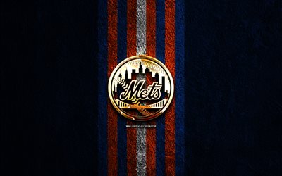 New York Mets golden logo, 4k, blue stone background, MLB, american baseball team, New York Mets logo, baseball, New York Mets, NY Mets