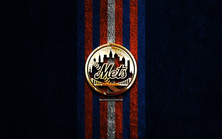 ニューヨーク・メッツの金色のロゴ, 4k, 青い石の背景, mlb, アメリカの野球チーム, ニューヨーク・メッツのロゴ, 野球, ニューヨーク・メッツ