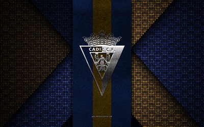 cadiz cf, la liga, blau-gelbe strickstruktur, cadiz cf-logo, spanischer fußballverein, cadiz cf-emblem, fußball, cadiz, spanien