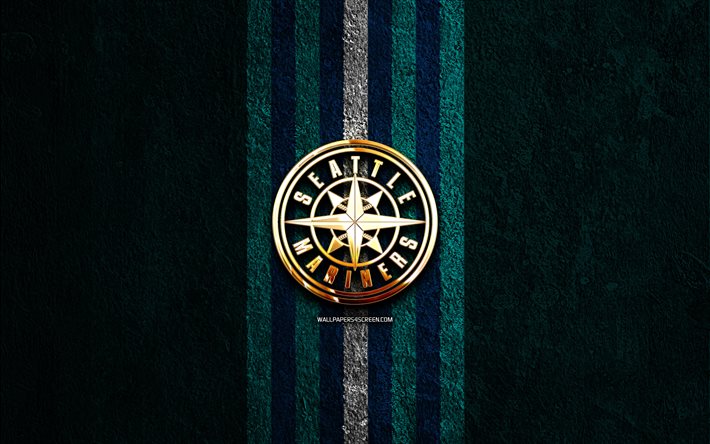 goldenes logo der seattle mariners, 4k, hintergrund aus blauem stein, mlb, amerikanisches baseballteam, logo der seattle mariners, baseball, seattle mariners