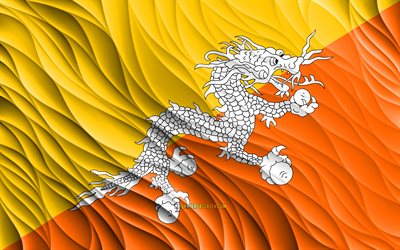 4k, Bhutan flag, wavy 3D flags, Asian countries, flag of Bhutan, Day of Bhutan, 3D waves, Asia, Bhutan national symbols, Bhutan