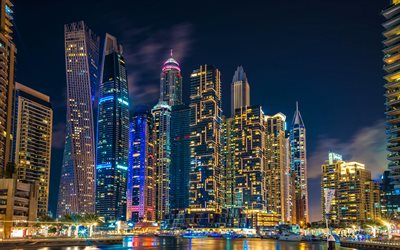 두바이 마리나, 4k, 에미레이트 크라운, 다막 하이츠, 오션 하이츠, 야경, 현대 건물, 두바이, uae, 두바이와 사진, 아랍 에미리트, 현대 건축, 고층 빌딩, 두바이 도시 풍경, 밤의 두바이