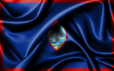 괌 국기, 4k, 오세아니아 국가, 패브릭 플래그, 괌의 날, 괌의 국기, 물결 모양의 실크 깃발, 오세아니아, 괌 국가 상징, 괌
