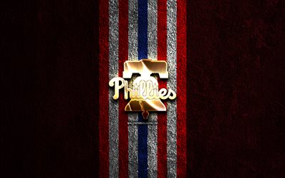 logo dorato dei philadelphia phillies, 4k, sfondo di pietra rossa, mlb, squadra di baseball americana, logo dei philadelphia phillies, baseball, philadelphia phillies