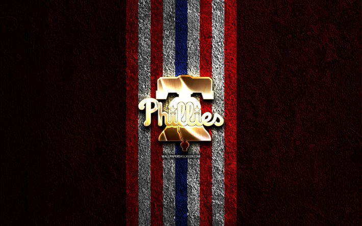 philadelphia phillies logotipo dourado, 4k, pedra vermelha de fundo, mlb, time de beisebol americano, philadelphia phillies logotipo, beisebol, philadelphia phillies