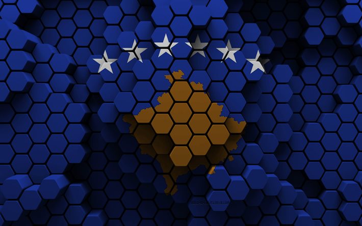 4k, bandera de kosovo, fondo hexagonal 3d, bandera 3d de kosovo, día de kosovo, textura hexagonal 3d, símbolos nacionales de kosovo, kosovo, países europeos