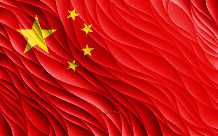4k, 중국 국기, 물결 모양의 3d 플래그, 아시아 국가, 중국의 국기, 중국의 날, 3d 파도, 아시아, 중국 국가 상징, 중국