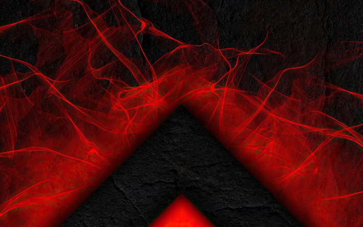 黒い矢印, 4k, 赤の抽象的な火, グランジアート, 石のテクスチャ, 創造的な石の背景, 火の炎, グランジ背景