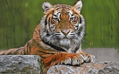 4k, tiger, raubtier, bemalte tiger, vektorgrafiken, tigerbilder, tigerzeichnungen, gefährliche tiere, afrika