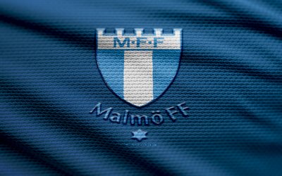 logotipo de tela malmo ff, 4k, fondo de tela azul, allsvenskan, bokeh, fútbol, logotipo de malmo ff, fútbol americano, malmo ff emblema, suecia, malmo ff, club de fútbol sueco, malmo fc