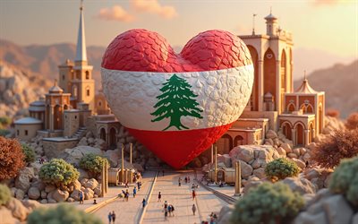 4k, amo el líbano, creativo, antecedentes de paisaje 3d, arte 3d, bokeh, día del líbano, bandera del líbano, corazón con bandera libanonesa, corazones 3d, bandera libanonesa, líbano, amor por el líbano