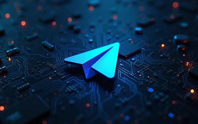 4k, telegrammblau  glitter  logo, kunstwerk, blauer hi tech hintergrund, mikrocircuits, leiter, bokeh, soziale netzwerke, kreativ, telegramm  logo auf mikrocircuit, marken, telegramm 3d  logo, telegramm  logo, telegramm