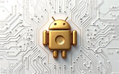 Android 3d gold logo, 4k, white motherboard, Android logo, Android emblem, Android golden robot, white technology background, Android, background with Android logo, Android robot