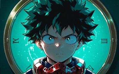 4k, izuku midoriya, reloj verde, de cerca, mi héroe academia, noche, deku, ojos verdes, obra de arte, boku no héroe academia, midoriya izuku, manga, izuku midoriya mi héroe academia