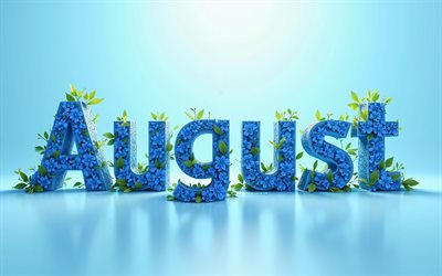 4k, أغسطس, أحرف ثلاثية الأبعاد الأزرق, تقليلية, خلفية تجريدية زرقاء, مفاهيم أغسطس, أسماء أشهر, نقش أغسطس, كلمة أغسطس, خلفية مع أغسطس