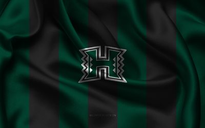 4k, logotipo do hawaii rainbow warriors, tecido de seda preta verde, time de futebol americano, emblema do rainbow warriors do havaí, ncaa, guerreiros do arco  íris do havaí, eua, futebol americano, futebol do hawaii rainbow warriors