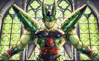 4k, Cell, artwork, Dragon Ball, night, Dragon Ball Super, Seru, stained glass windows, warrior, DBS, Cell Dragon Ball, Dragon Ball characters, Seru Dragon Ball