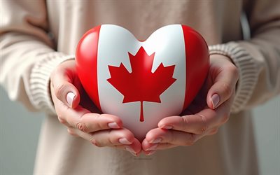 amo a canadá, 4k, heart 3d como la bandera de canadá en las manos, viajar a canadá, corazón en las manos, corazón como la bandera de canadá, bandera de canadá, día de canadá, amor por canadá