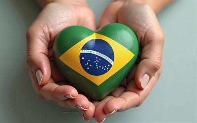 j'adore le brésil, 4k, cœur 3d comme le drapeau du brésil dans les mains, voyage au brésil, cœur dans les mains, coeur comme le drapeau du brésil, drapeau du brésil, jour du brésil, l'amour pour le brésil, drapeau brésilien
