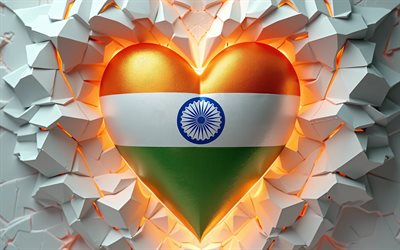 amo la india, 4k, luces de neón naranja, fondo 3d blanco, creativo, día de la india, bandera de la india, corazón con bandera india, corazones 3d, bandera india, india, amor por la india