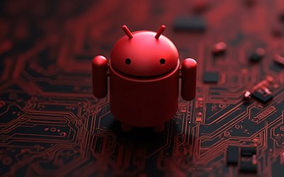 logotipo rojo de android 3d, 4k, placa base roja oscura, logotipo de android, emblema de android, emblema 3d de android, fondo de tecnología roja, androide, fondo con el logotipo de android, signo de android