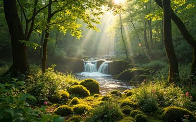 río en la jungla, noche, atardecer, río, bosque de la lluvia, hermosos árboles, paisaje con río, bosque tropical, asia