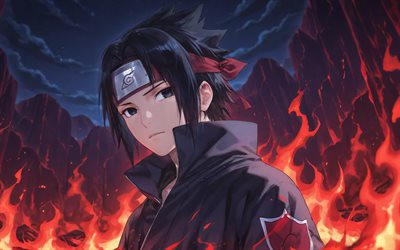 4k, sasuke uchiha, incendio, naruto, noche, arte abstracto, personajes de naruto, obra de arte, konohagakures uchiha clan, uchiha sasuke, manga, sasuke uchiha naruto