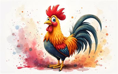 galo dos desenhos animados, 4k, arte em aquarela, animais fofos, criativo, galos, pássaros de desenho animado, galo fofo, obra de arte, galo