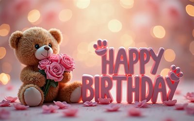 feliz aniversário, 4k, ursinho de pelúcia com rosas, conceitos de feliz aniversário, cartão de feliz aniversário, rosas rosa, ursinho de pelúcia com buquê