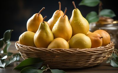 peras maduras en un plato, 4k, frutas, verano, peras, peras amarillas, antecedentes con peras