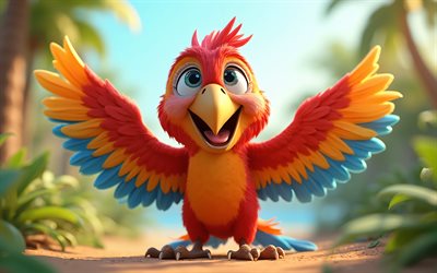 macaw de desenho animado, 4k, festa de aniversário, animais 3d animados, obra de arte, animais felizes, 3d macaw, animais 3d, macaw, pássaros de desenho animado