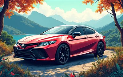 تويوتا كامري, 4k, مجردة المناظر الطبيعية, على الطرق الوعرة, بحيرة, الجبال, سيارات مجردة, تويوتا كامري الفن, السيارات اليابانية, تويوتا