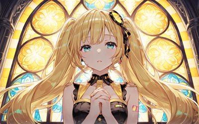 mayu, 4k, glasfenster, vokaloid, blaue augen, nacht, vocaloid3, vokaloidfiguren, manga, mayu vocaloid