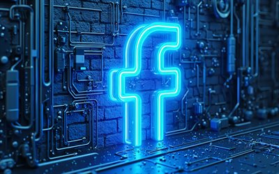 4k, Facebook blue neon logo, bokeh, darkness, creative, blue brickwall background, brands, Facebook neon logo, wires, social networks, Facebook logo, Facebook 3D logo, Facebook