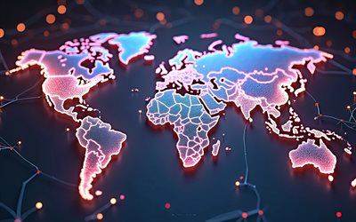 mapa do mundo com luz de fundo, 4k, conceitos do mundo digital, mapa mundial brilhante, antecedentes do mapa mundial, conceitos de mapa do mundo, comunicações globais