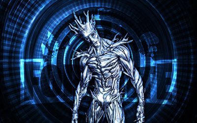 fortnite de groot de papel alumínio, 4k, fundo em espiral azul, fortnite, criativo, pele de groot de papel alumínio, pele groot de folha de prata fortnite, groot de folha de prata, personagens fortnite