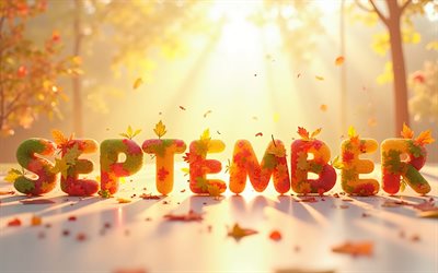 4k, September, bokeh, sun rays, orange 3D letters, autumn leaves, autumn background, leaf fall, September concepts, names of months, September inscription, autumn concepts, September word, background with September