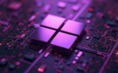 logotipo do windows 11 metal, 4k, fundo roxo de alta tecnologia, escuridão, microcircuitos, condutores, marcas de sistema operacional, logotipo do windows 11 no microcircuito, marcas, logotipo 3d do windows 11, logotipo do windows 11, windows 11