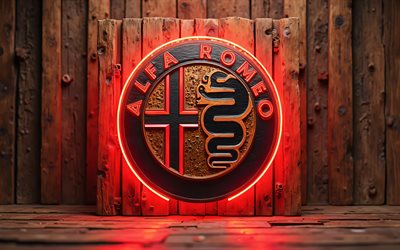 logotipo de neón rojo de alfa romeo, 4k, oscuridad, bokeh, fondo de madera 3d, obra de arte, alfa romeo 3d logo, logotipo de alfa romeo neon, logotipo de alfa romeo, marcas de autos, alfa romeo