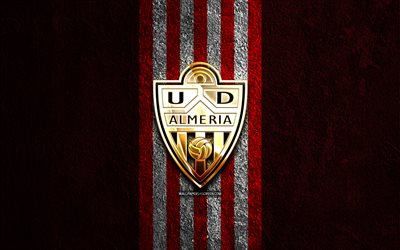 ud almeria logotipo dourado, 4k, pedra vermelha de fundo, a liga, clube de futebol espanhol, ud almeria logotipo, futebol, ud almeria emblema, laliga, ud almeria, almeria fc
