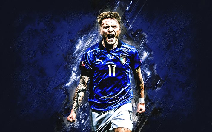 ciro immobile, itália equipa nacional de futebol, italiano jogador de futebol, retrato, pedra azul de fundo, itália, futebol