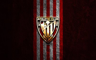 athletic bilbao gyllene logotyp, 4k, röd sten bakgrund, la liga, spansk fotbollsklubb, athletic bilbao logotyp, fotboll, athletic bilbao emblem, laliga, athletic club, athletic bilbao fc