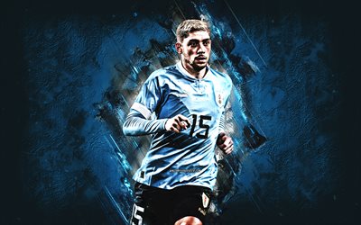 federico valverde, uruguay milli futbol takımı, uruguaylı futbolcu, orta saha oyuncusu, mavi taş arka plan, futbol, ​​uruguay