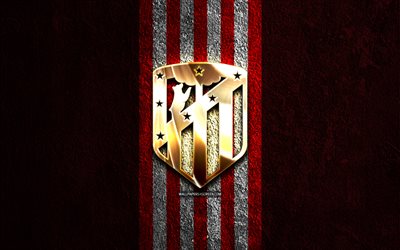 شعار أتلتيكو مدريد الذهبي, 4k, الحجر الأحمر الخلفية, الدوري الاسباني, نادي كرة القدم الاسباني, شعار أتلتيكو مدريد, كرة القدم, الليغا, أتلتيكو مدريد