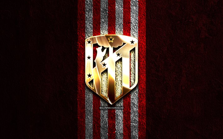 شعار أتلتيكو مدريد الذهبي, 4k, الحجر الأحمر الخلفية, الدوري الاسباني, نادي كرة القدم الاسباني, شعار أتلتيكو مدريد, كرة القدم, الليغا, أتلتيكو مدريد