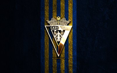 カディス cf ゴールデン ロゴ, 4k, 青い石の背景, ラ・リーガ, スペインサッカークラブ, カディスcfのロゴ, サッカー, カディスcfのエンブレム, カディスcf, フットボール, カディスfc