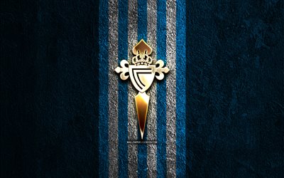 Celta Vigo golden logo, 4k, blue stone background, La Liga, spanish soccer club, Celta Vigo logo, soccer, Celta Vigo emblem, LaLiga, RC Celta, football, Celta Vigo FC